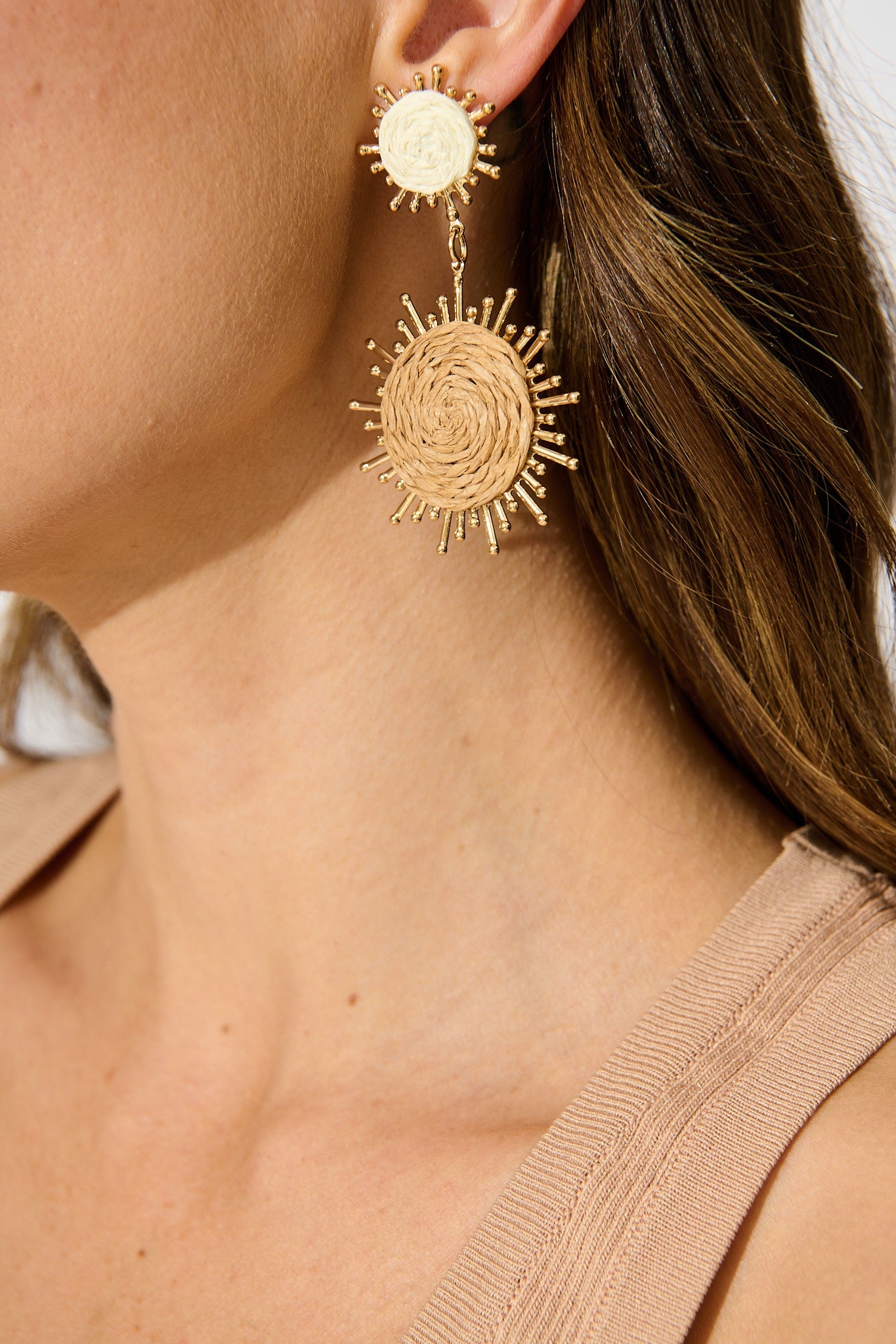 Esme Drop Earrings in Natural Raffia with Gold Accent