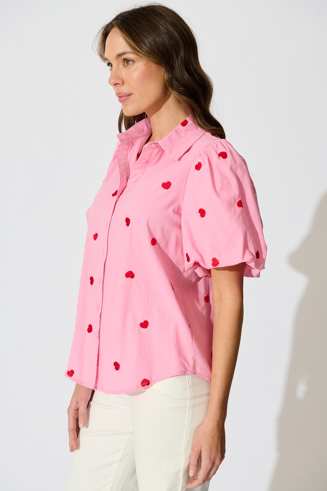 Amore Heart Shirt in Pink with Red Heart Embroidered Cotton