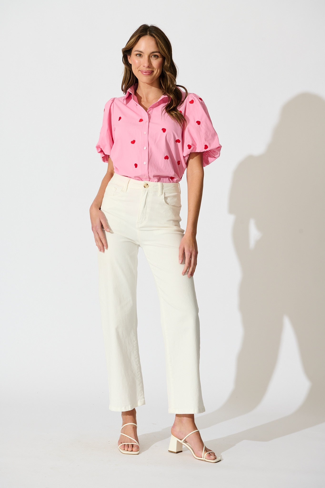 Amore Heart Shirt in Pink with Red Heart Embroidered Cotton