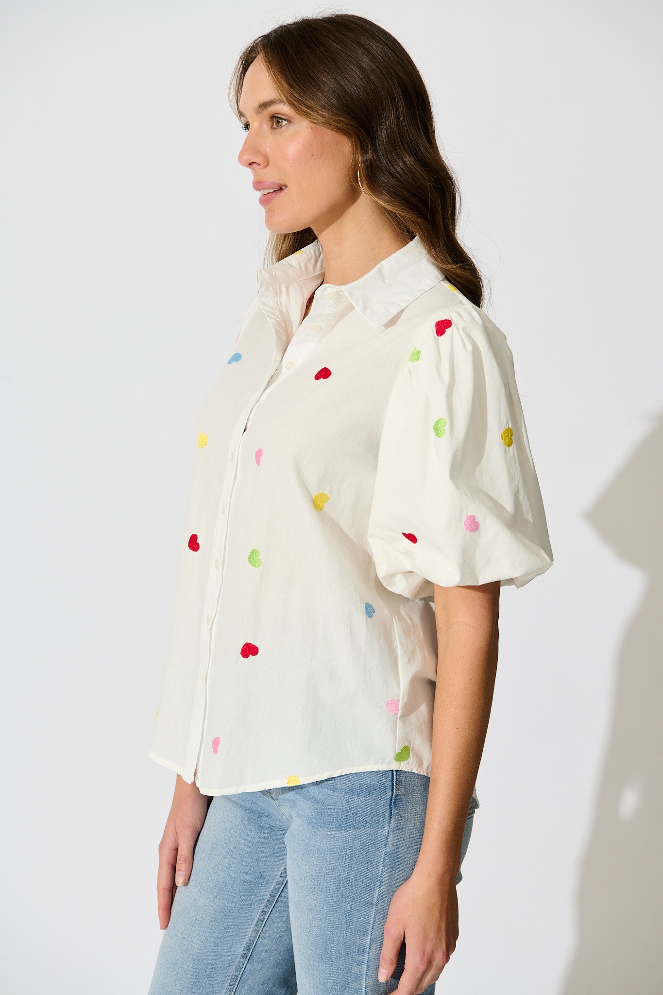 Amore Heart Shirt in White with Multi Heart Embroidered Cotton