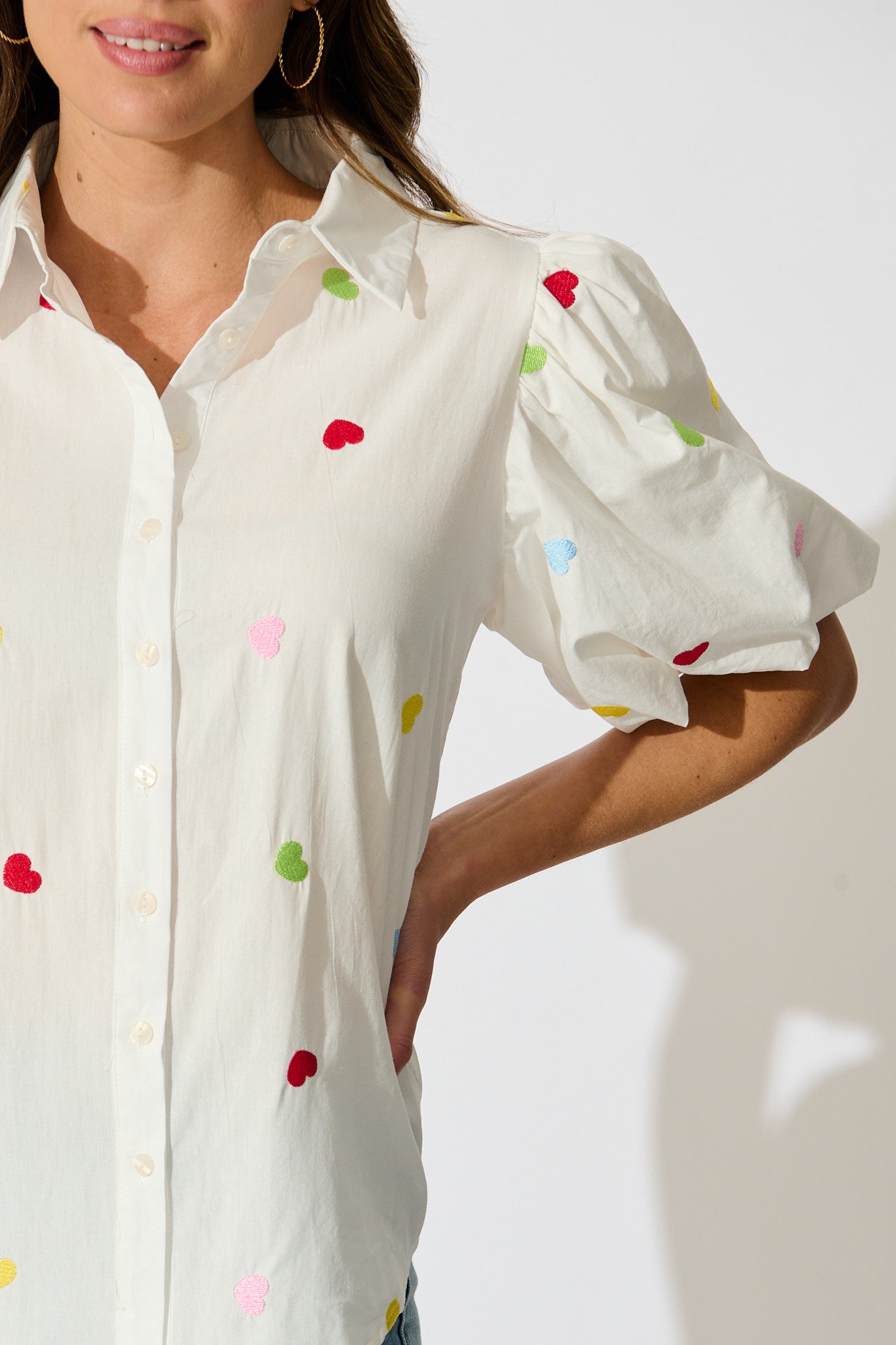Amore Heart Shirt in White with Multi Heart Embroidered Cotton
