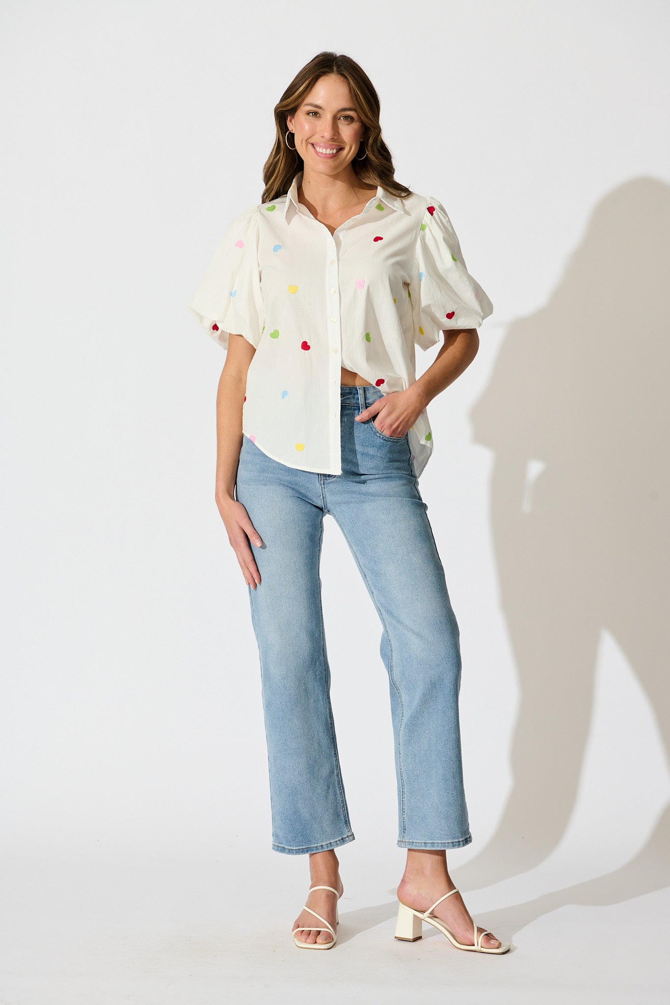 Amore Heart Shirt in White with Multi Heart Embroidered Cotton