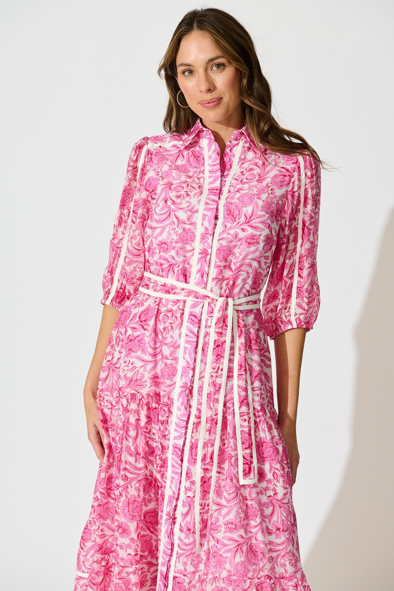 Zora Maxi Shirt Dress in Pink Floral Cotton Blend