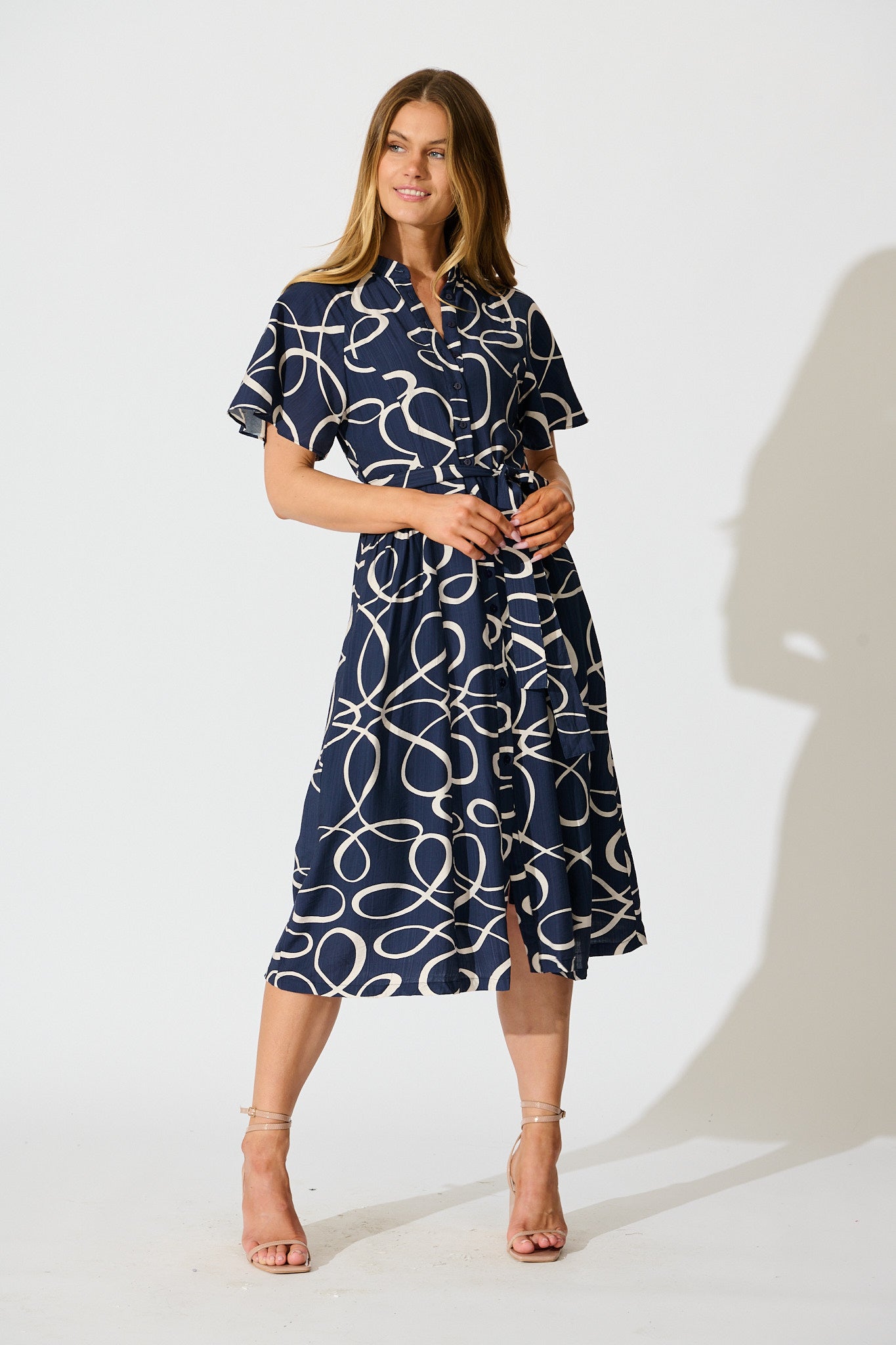 Fergie Midi Dress in Navy Geometric Print