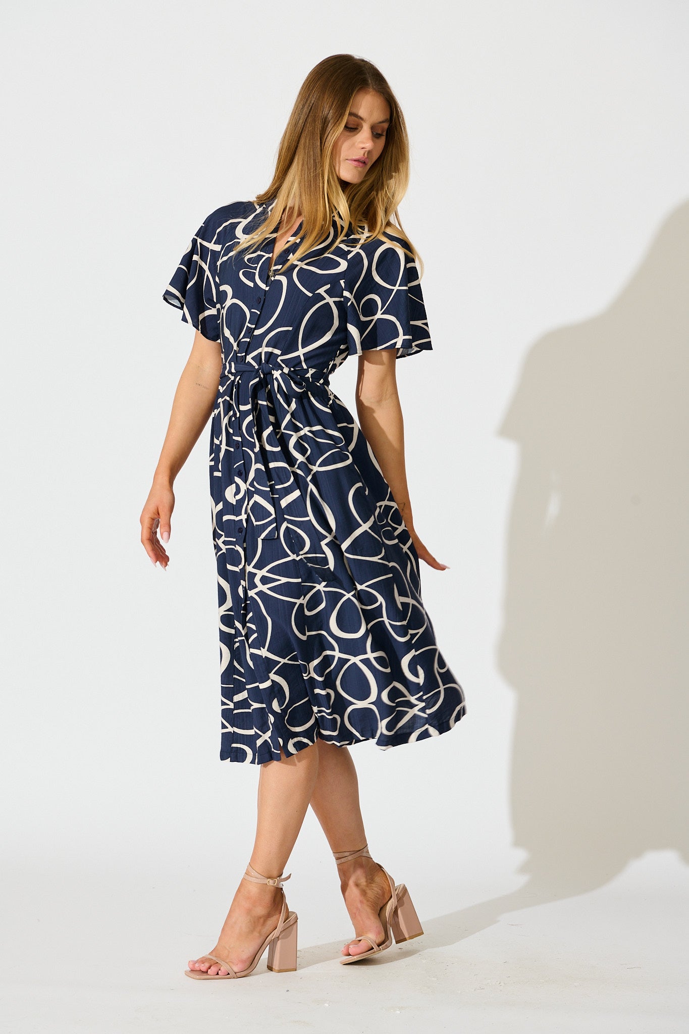 Fergie Midi Dress in Navy Geometric Print