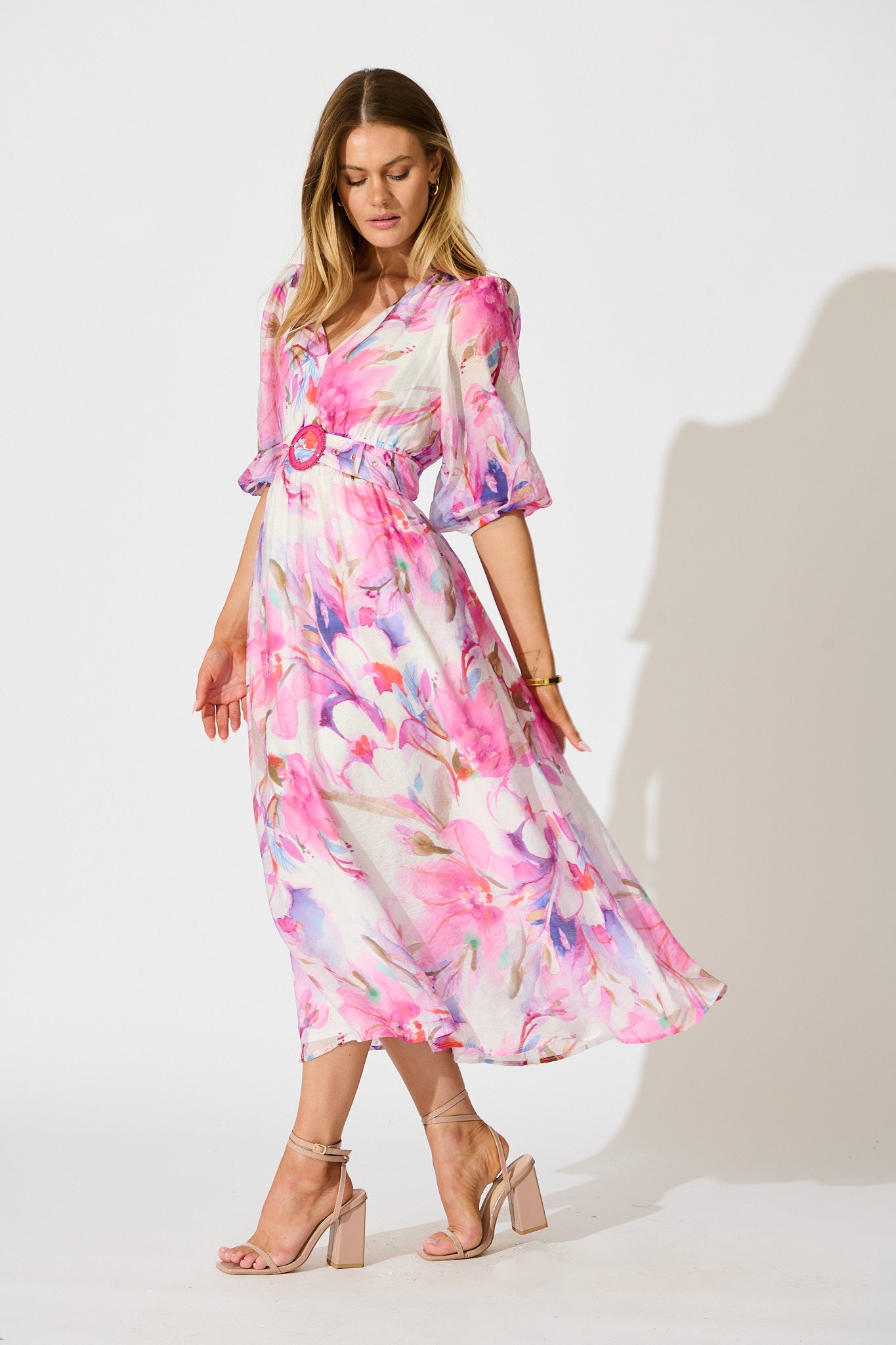 Adrina Maxi Dress in White with Pink Watercolour