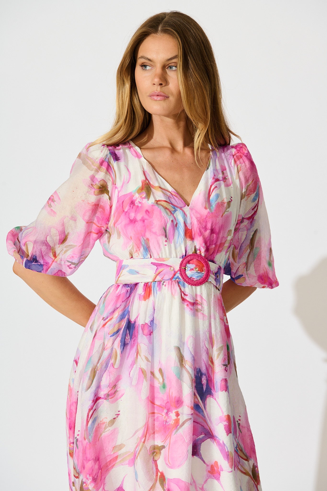 Adrina Maxi Dress in White with Pink Watercolour