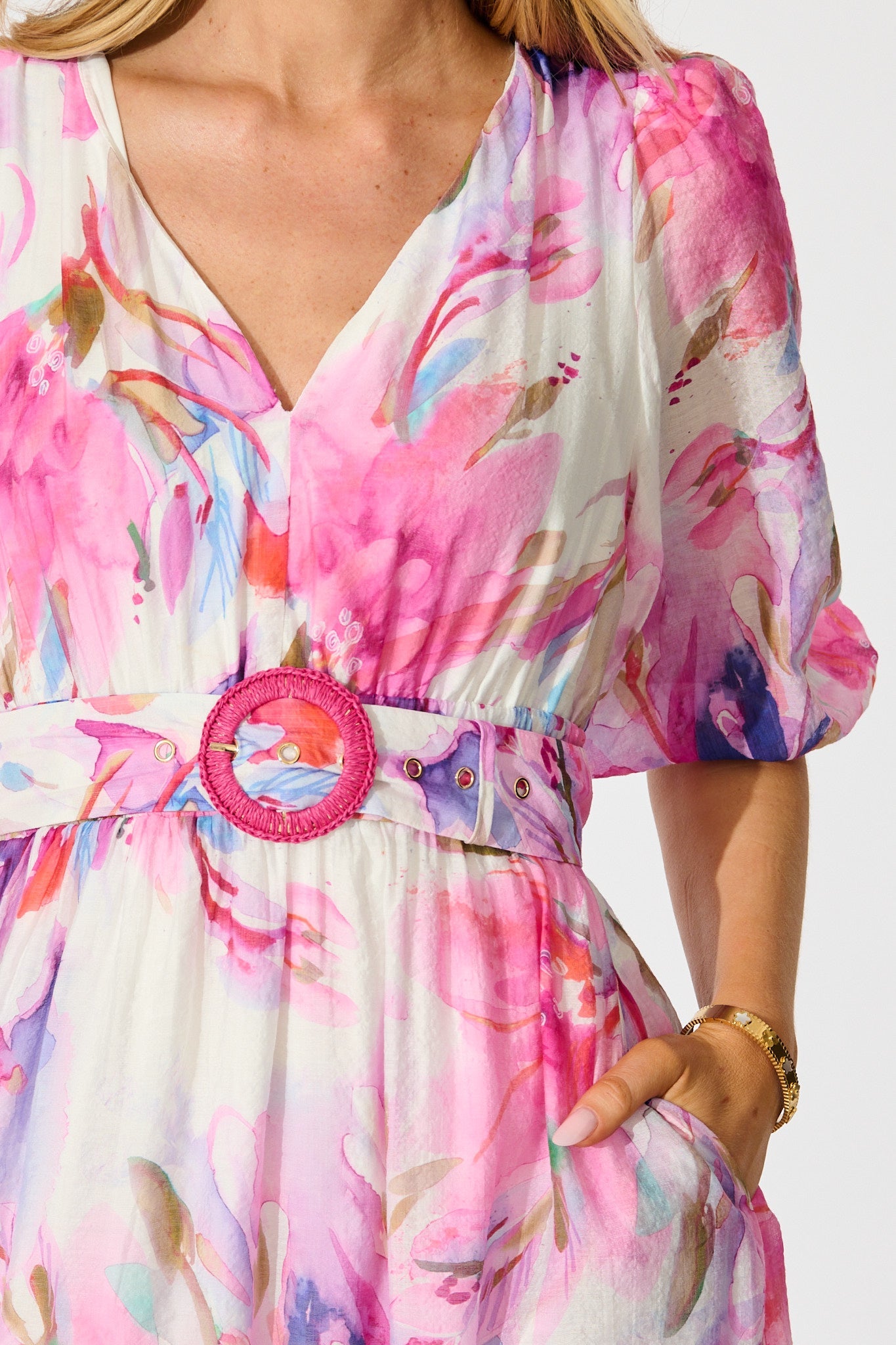 Adrina Maxi Dress in White with Pink Watercolour