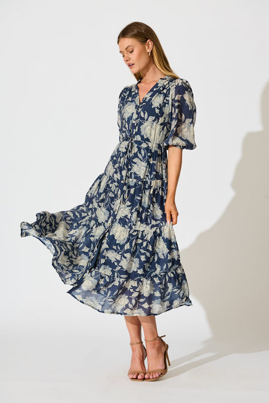 Messina Midi Dress in Navy with Cream Floral