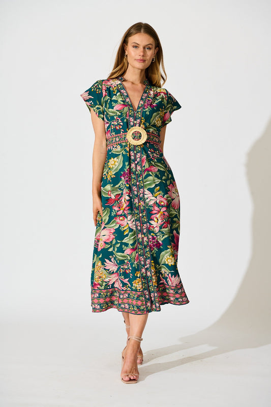 PRE ORDER Portofino Bloom Midi Dress in Green with Multi Floral