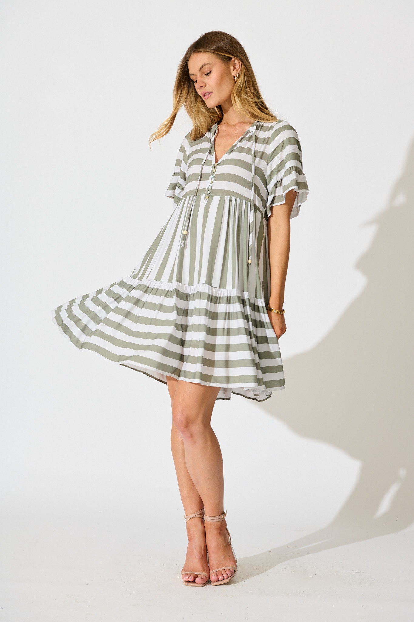Northcote Smock Dress in Green with White Stripe