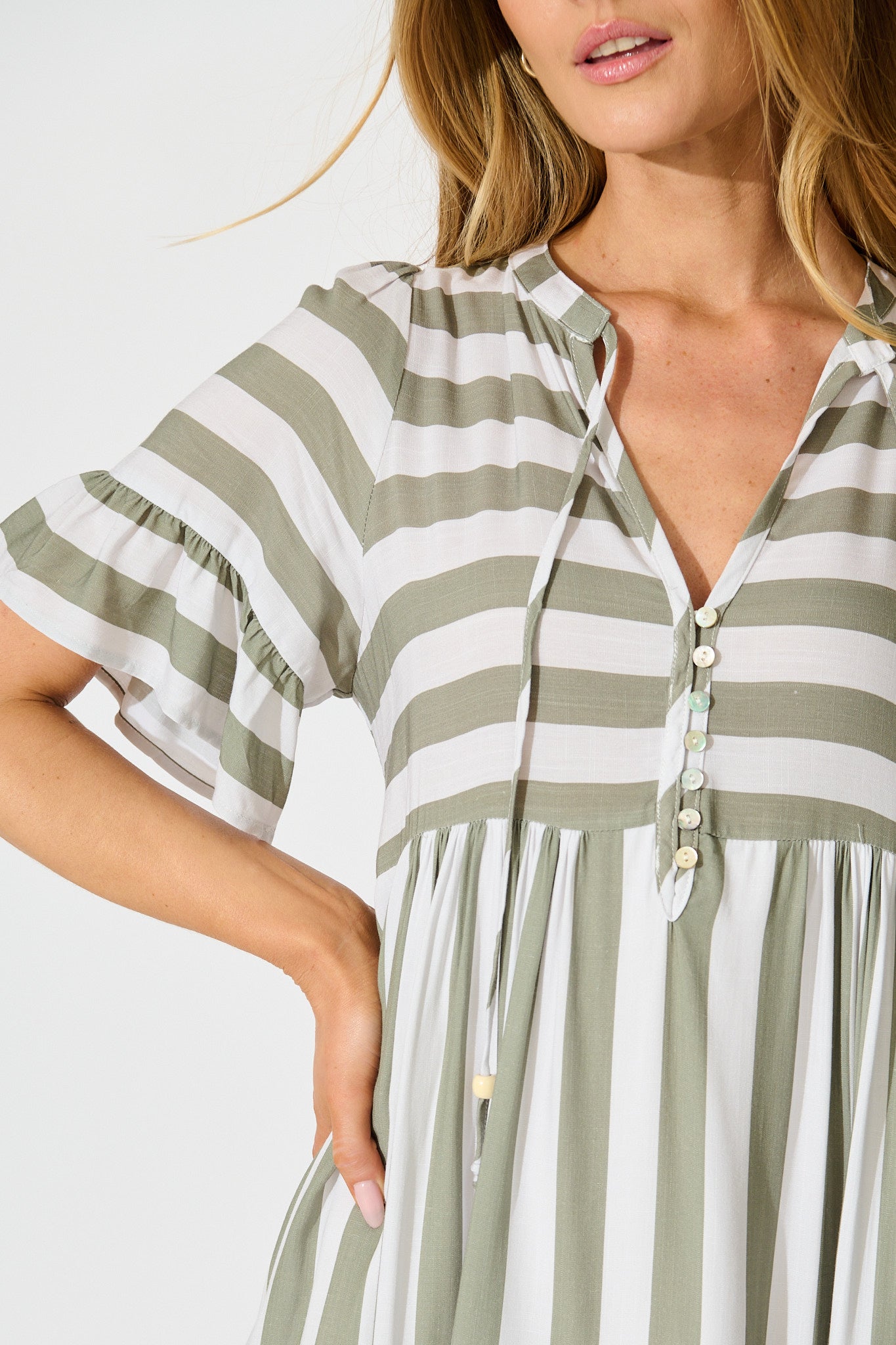 Northcote Smock Dress in Green with White Stripe
