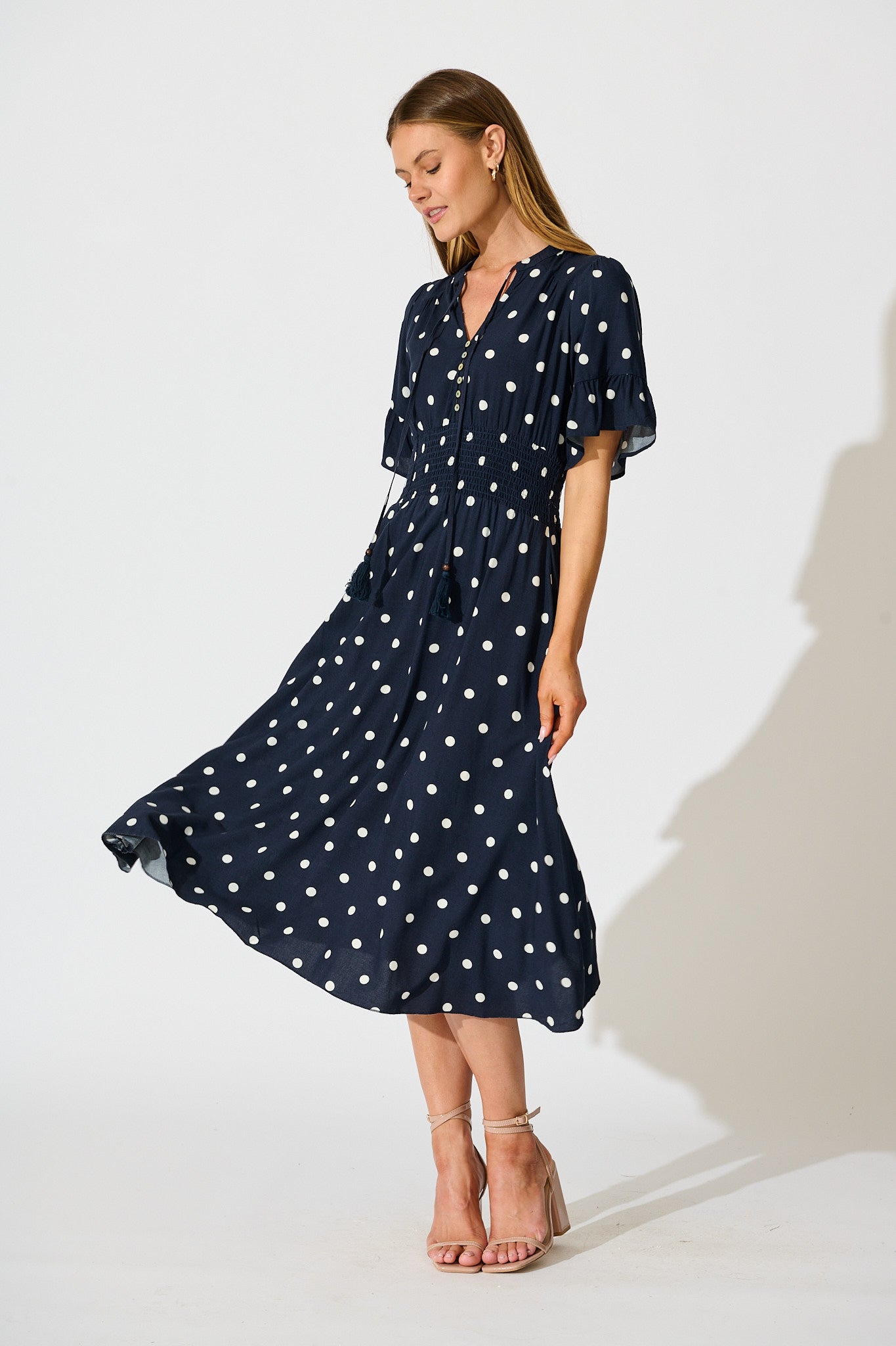 Noree Midi Dress in Navy with White Polka Dot