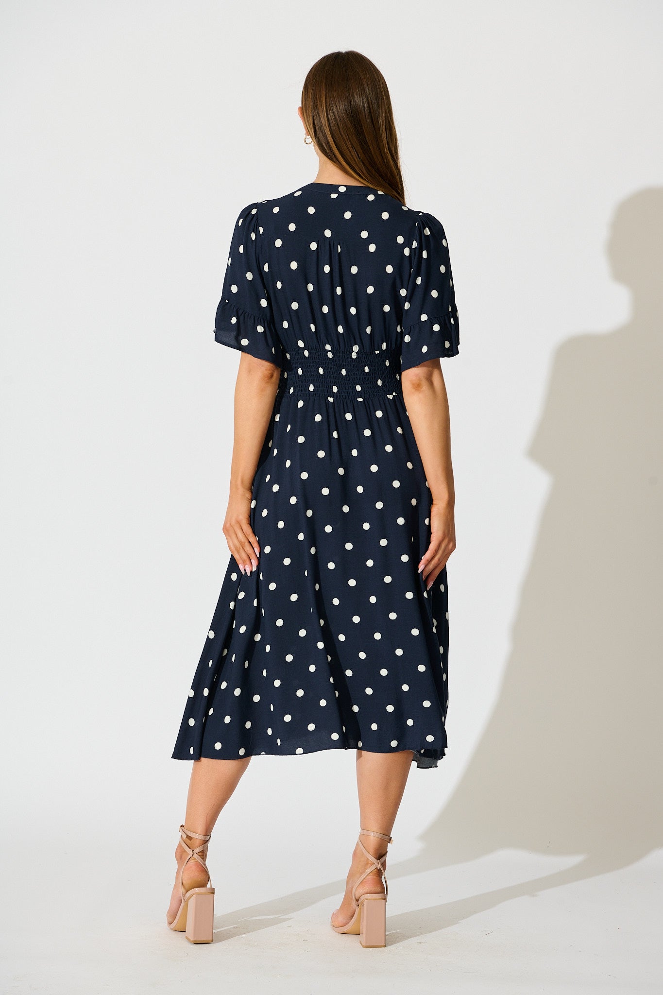 Noree Midi Dress in Navy with White Polka Dot