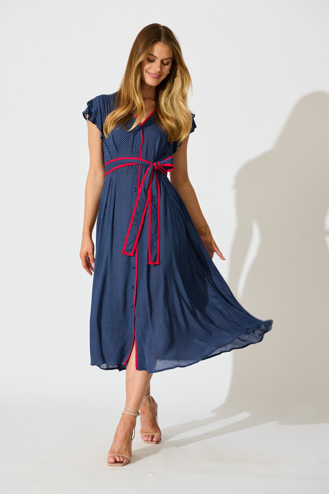 Inara Midi Dress in Navy with Polka Dot
