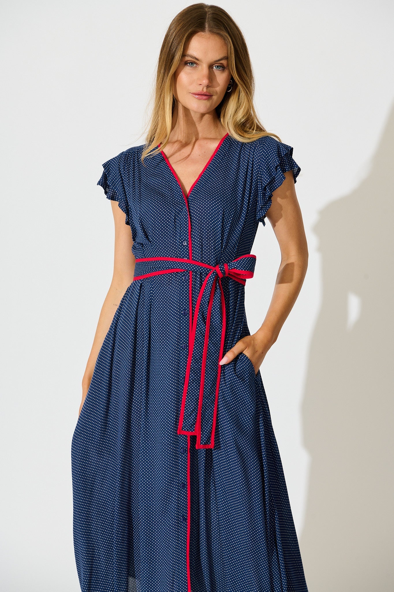 Inara Midi Dress in Navy with Polka Dot