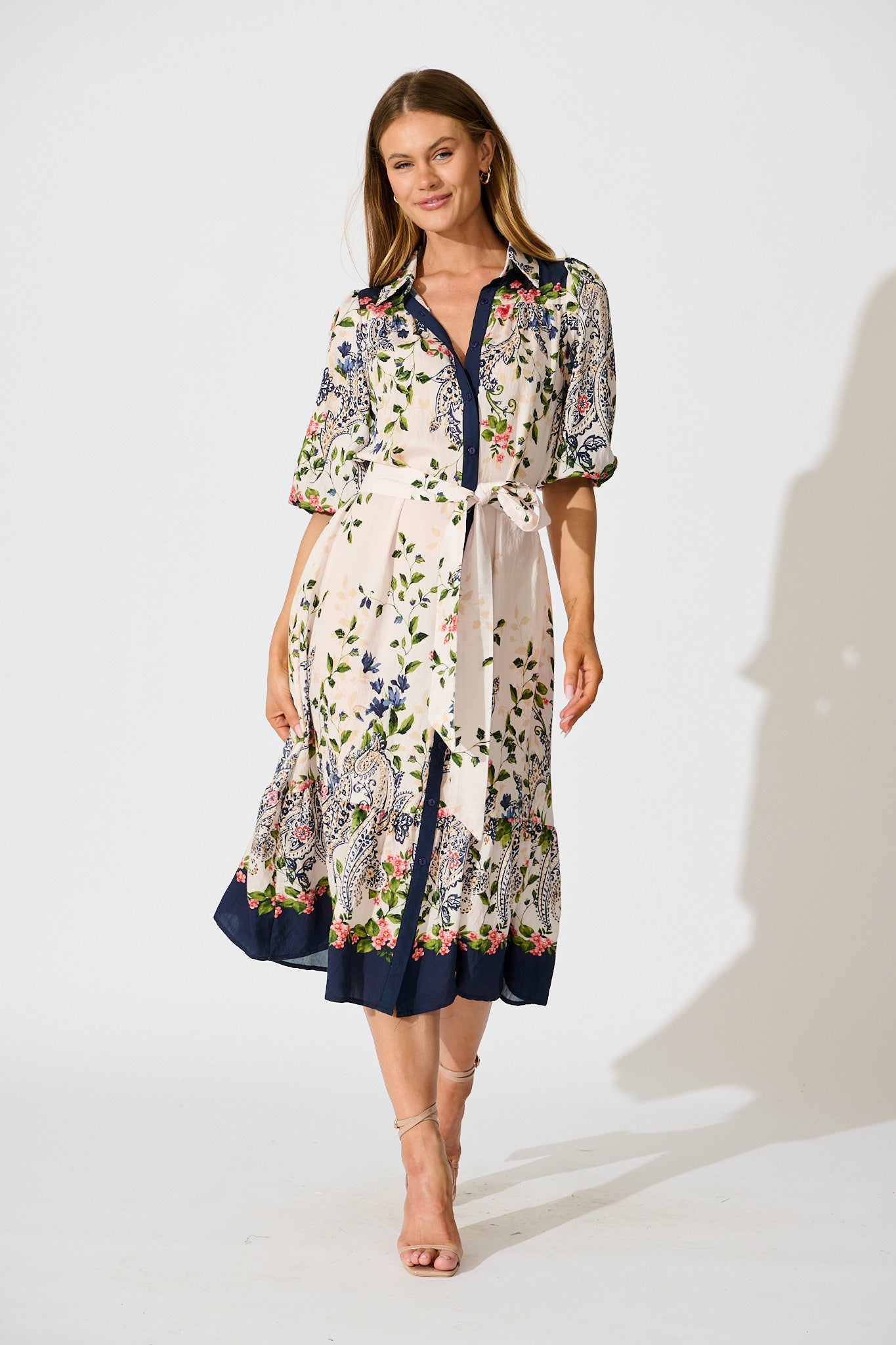 Kaia Midi Shirt Dress in Cream with Navy Floral