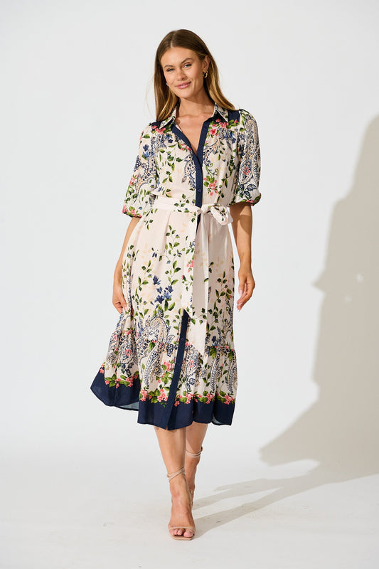 Kaia Midi Shirt Dress in Cream with Navy Floral