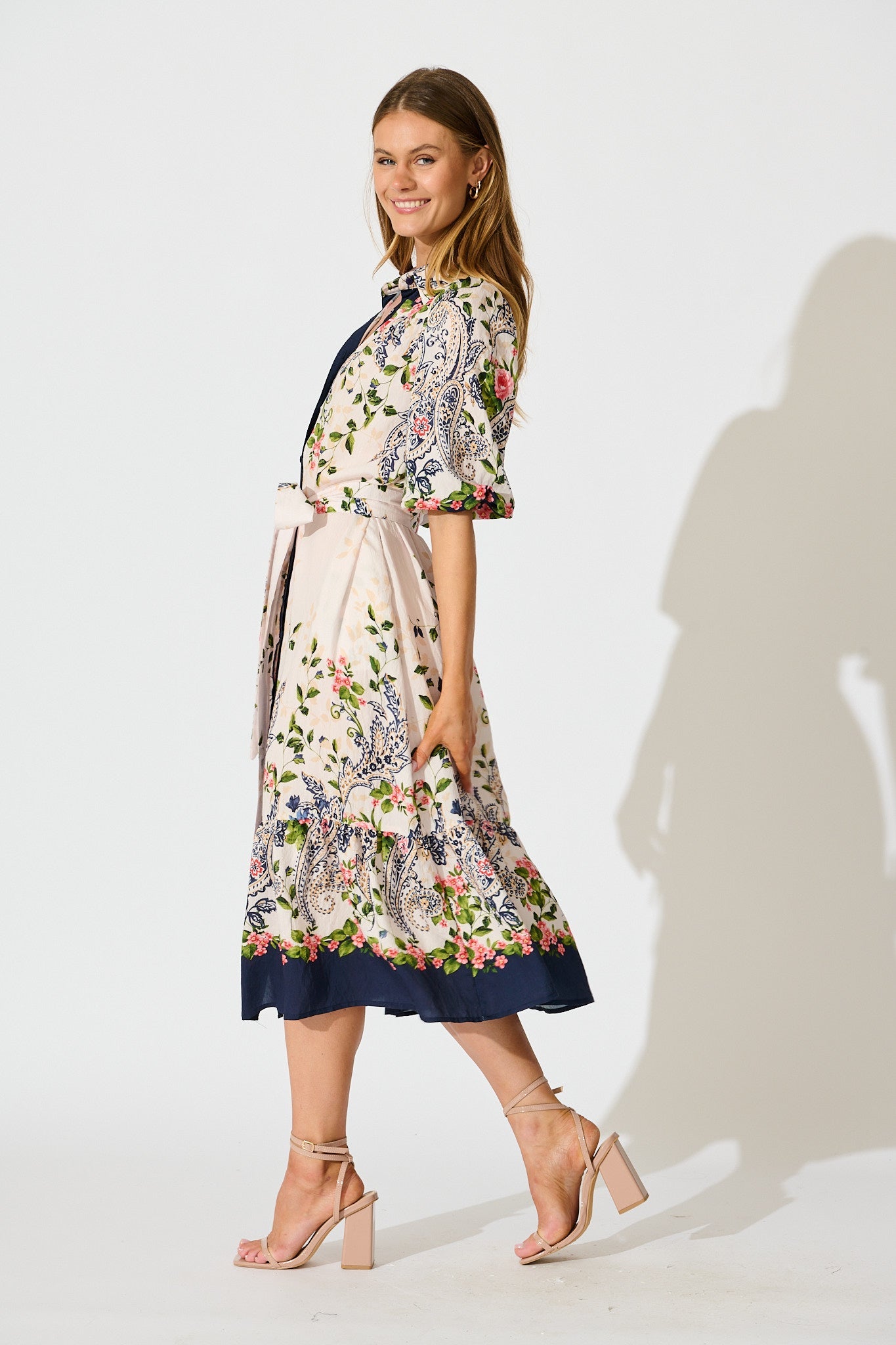 Kaia Midi Shirt Dress in Cream with Navy Floral