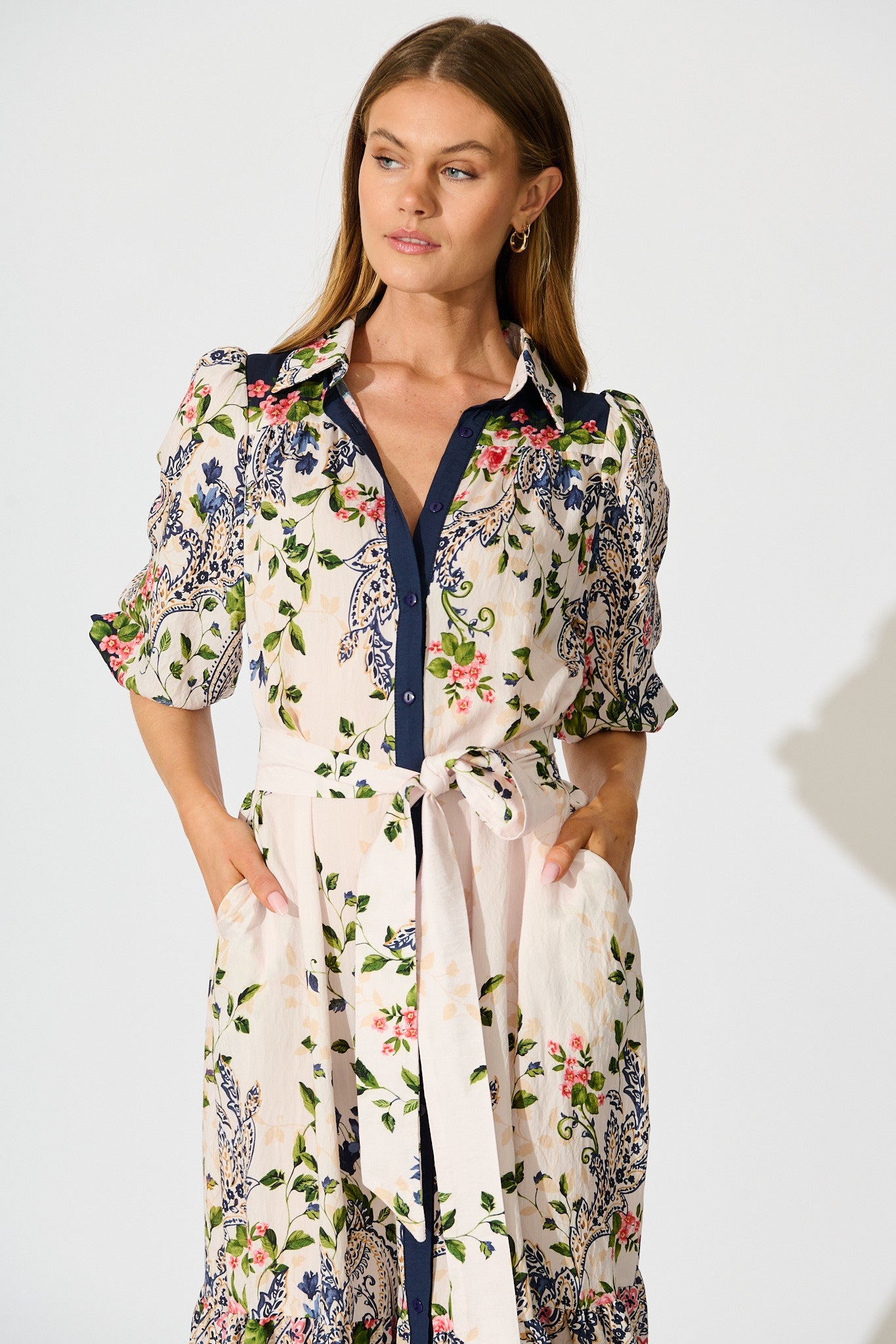 Kaia Midi Shirt Dress in Cream with Navy Floral
