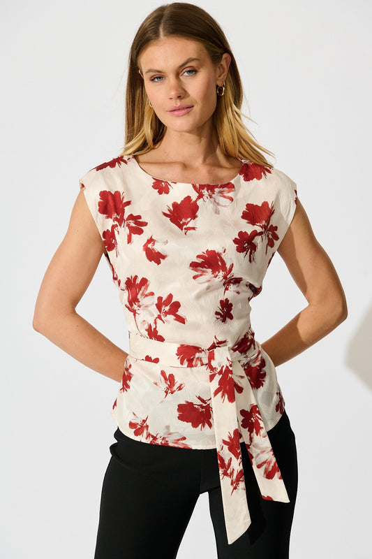 Azra Top in Cream with Red Floral