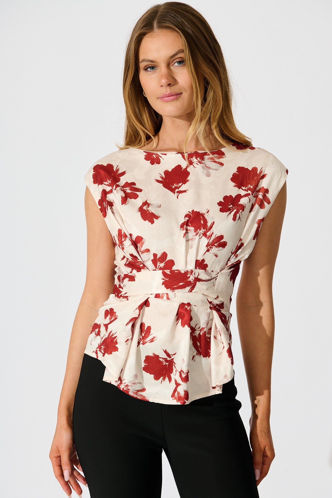 Azra Top in Cream with Red Floral