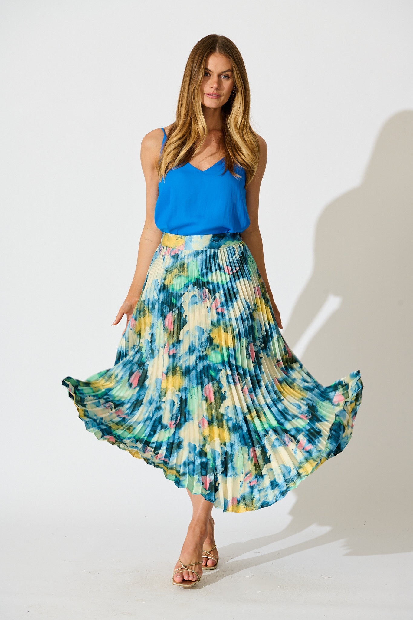 Allison Midi Pleat Skirt in Blue Multi Watercolour Satin