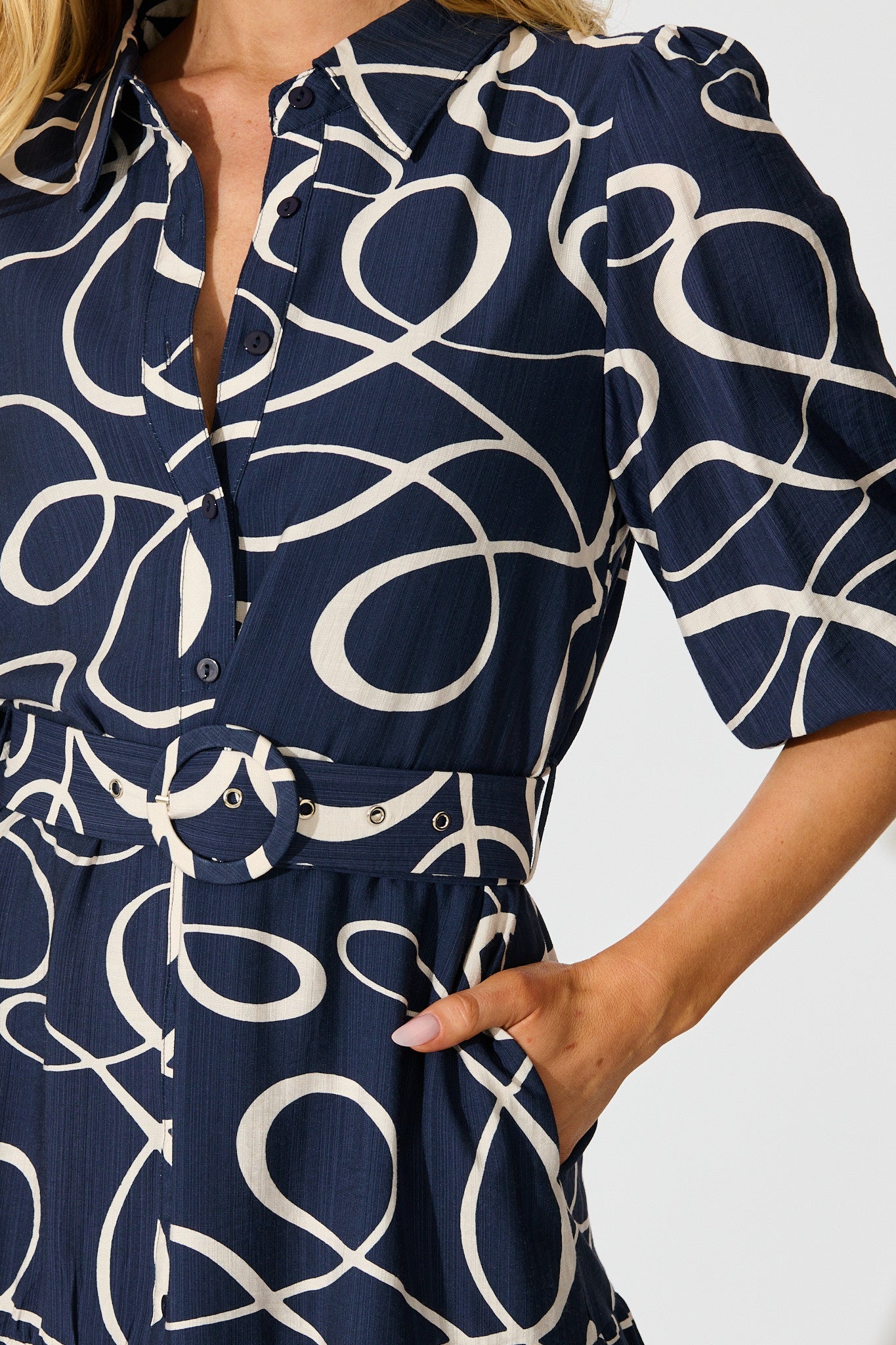 Lorena Shirt Dress in Navy Geometric Print