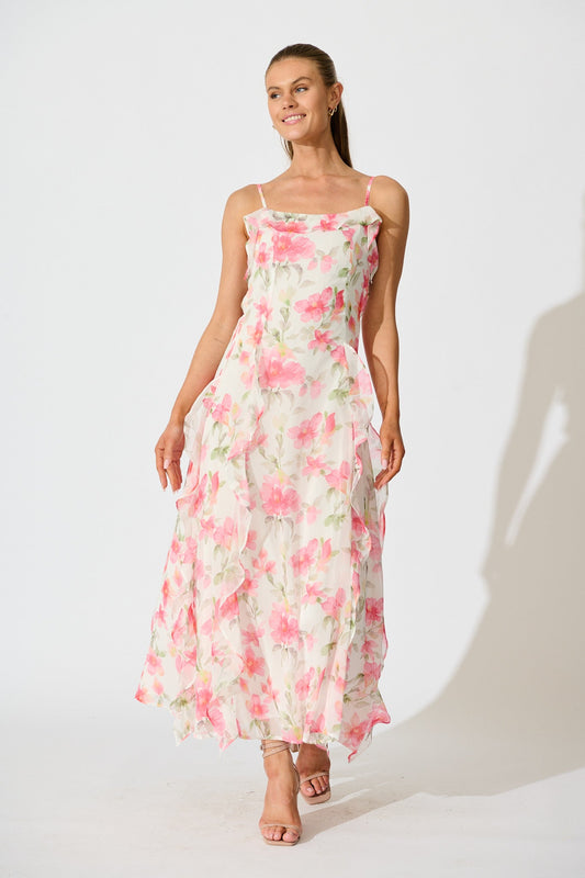 Song Of Bloom Maxi Dress in White with Pink Floral