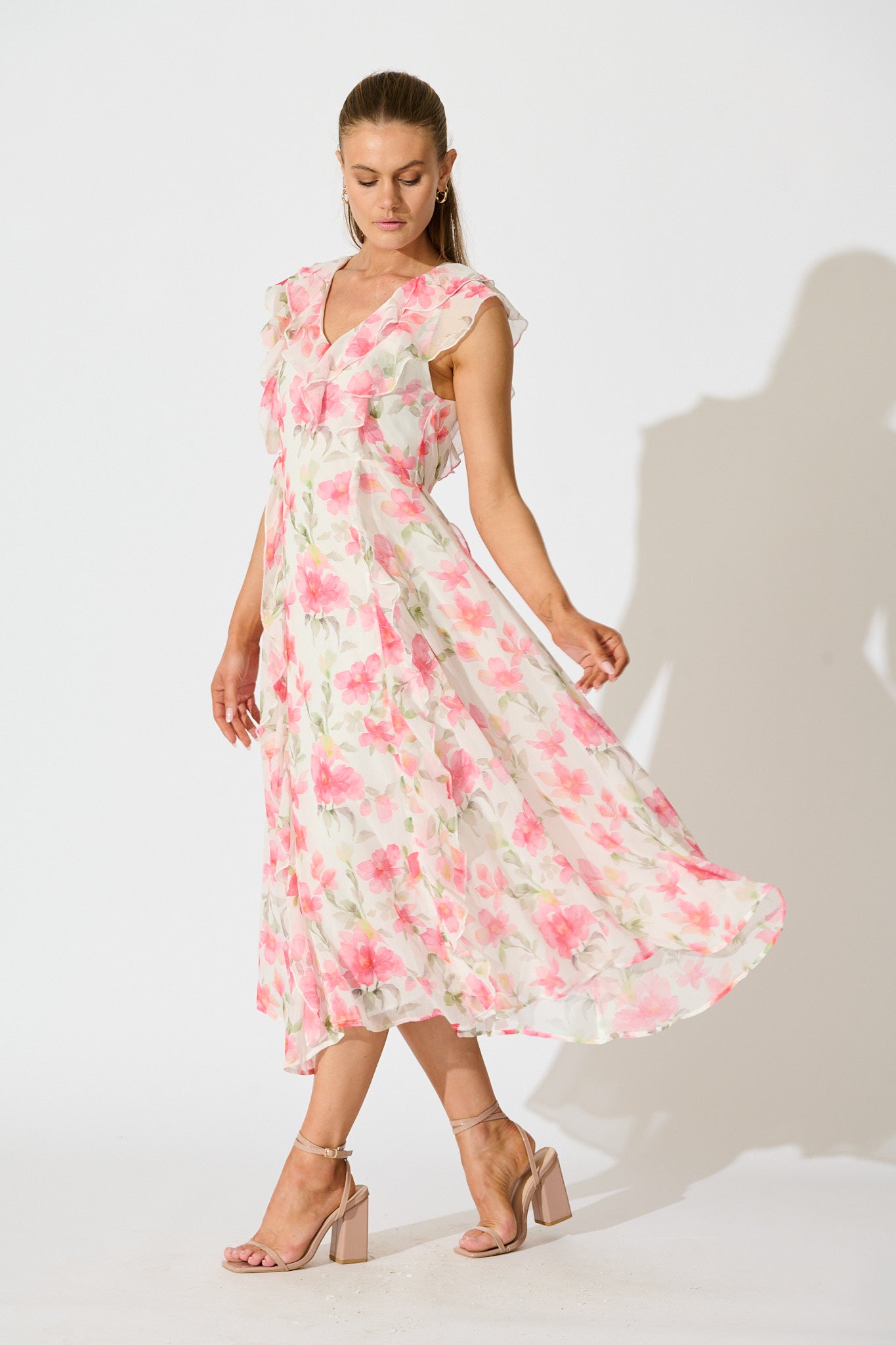Flora Belle Midi Dress in White with Pink Floral