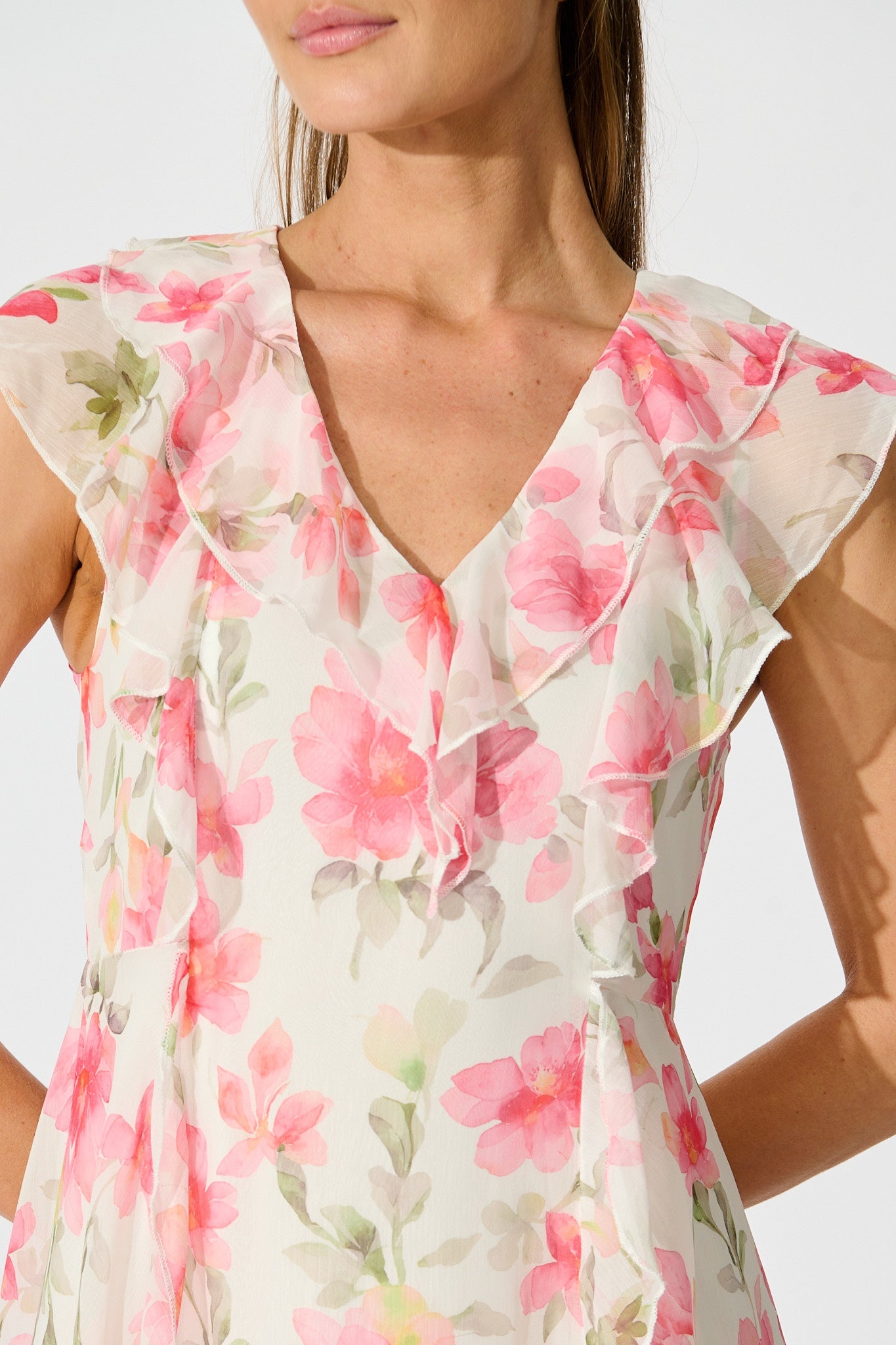 Flora Belle Midi Dress in White with Pink Floral