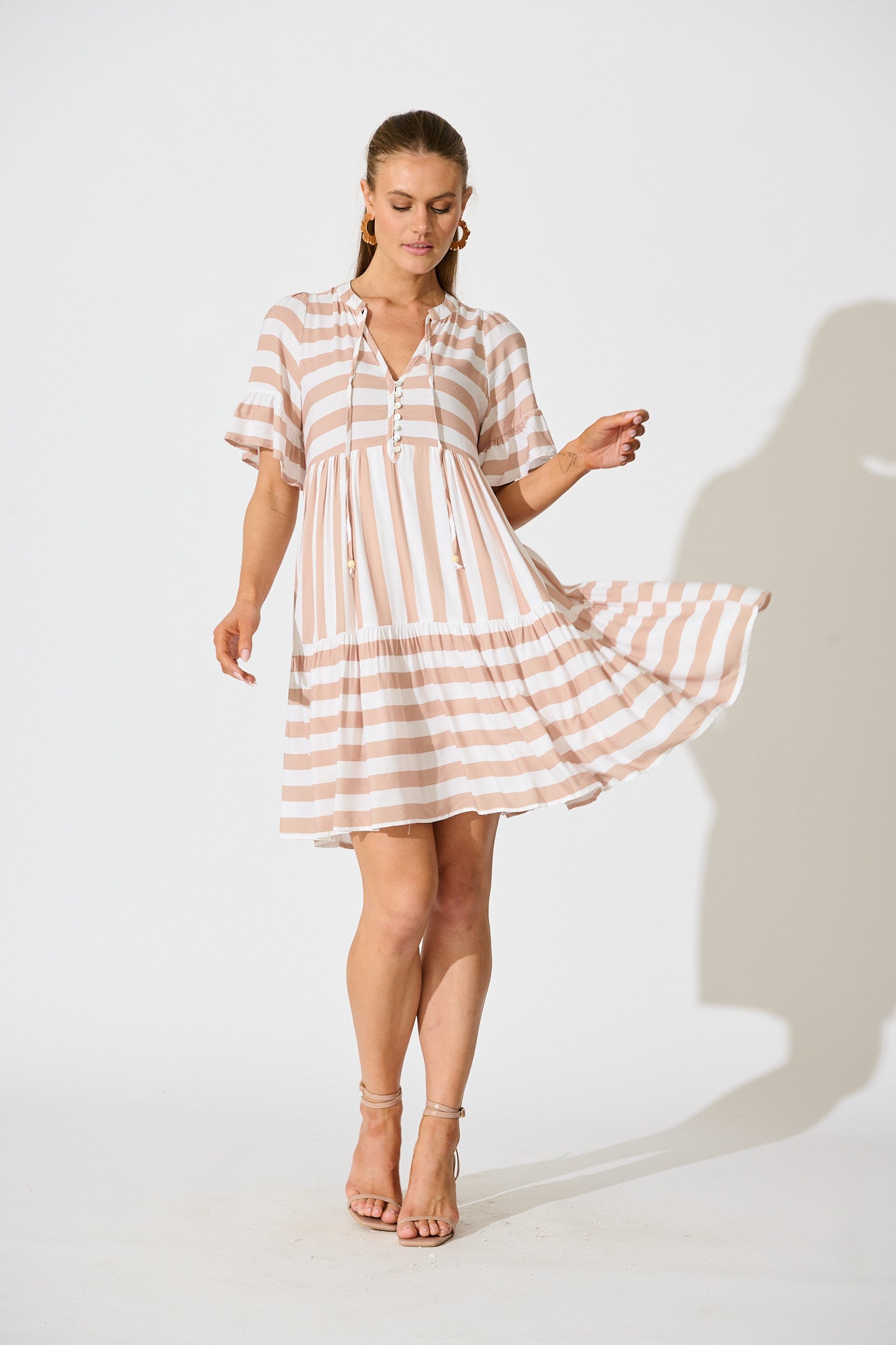 Northcote Smock Dress in in Brown with White Stripe