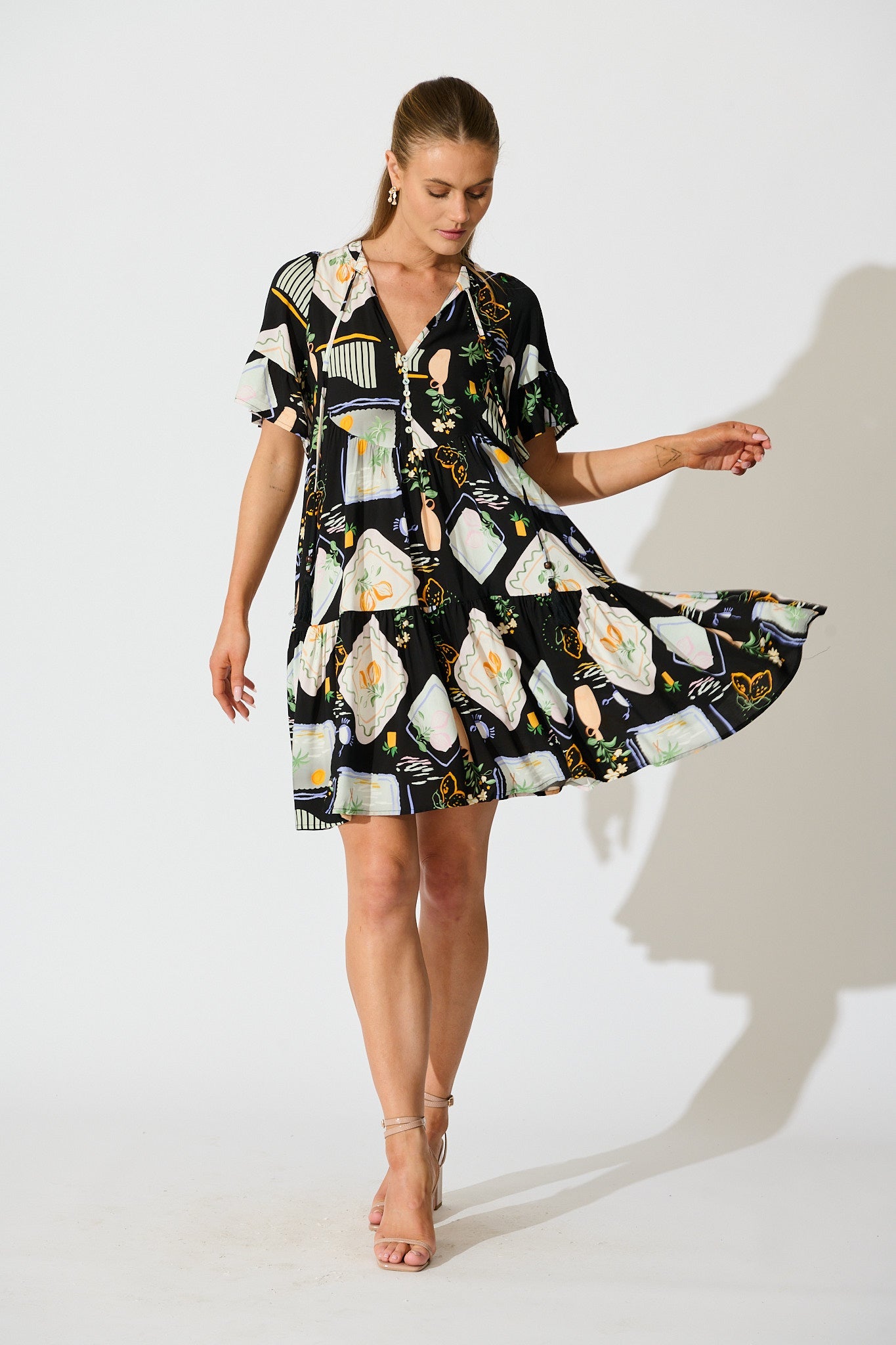Hadara Smock Dress in Black with Multi Print