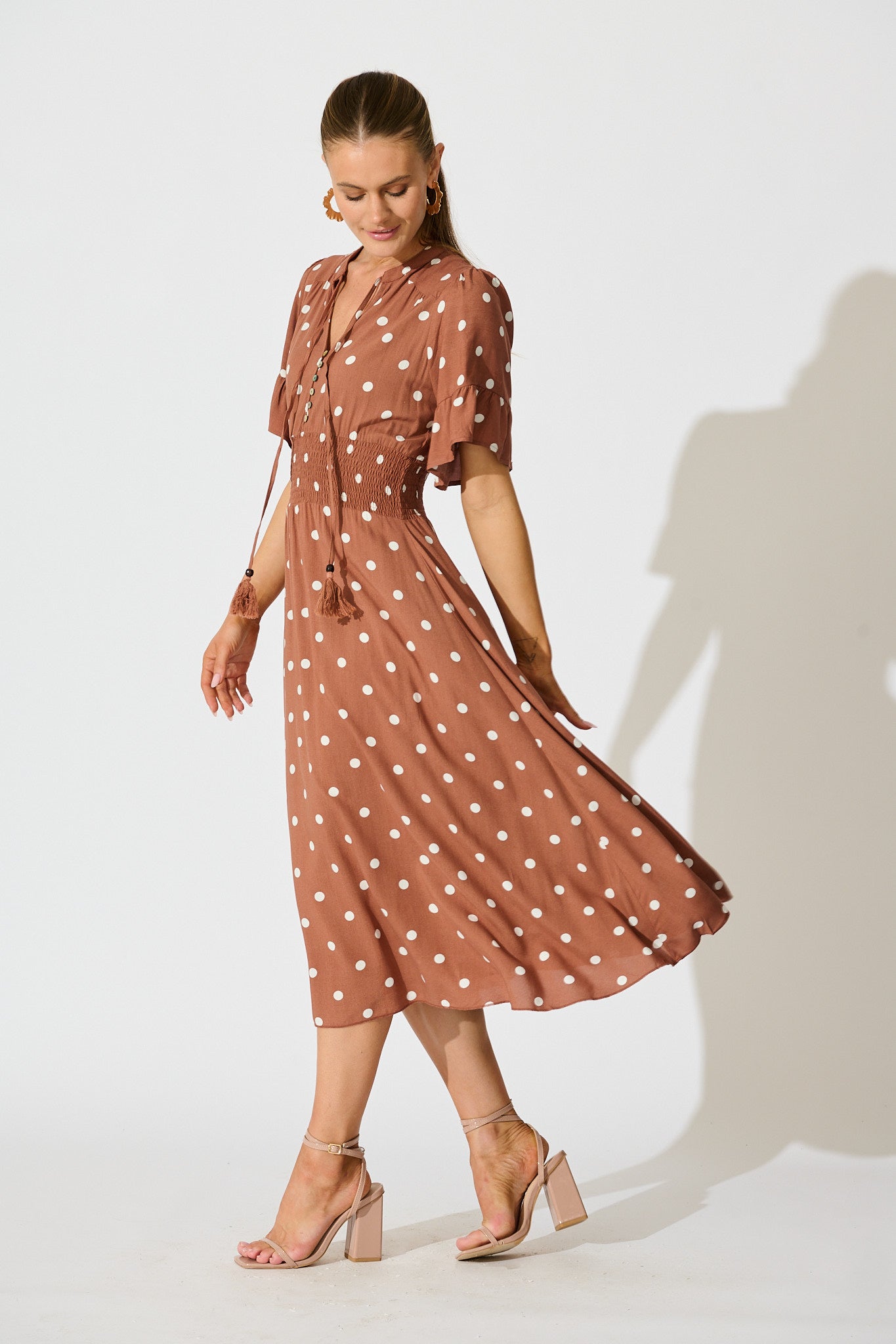 Noree Midi Dress in Brown with White Polka Dot