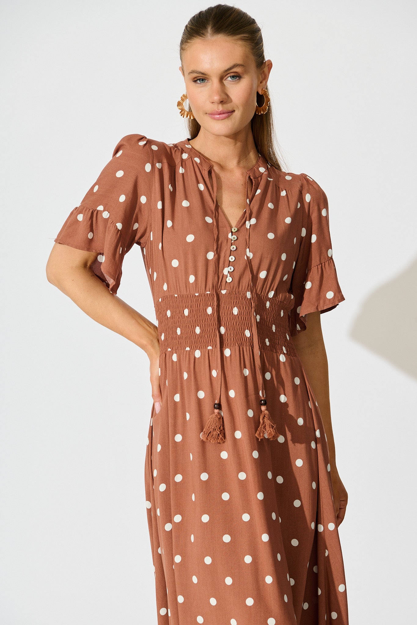Noree Midi Dress in Brown with White Polka Dot