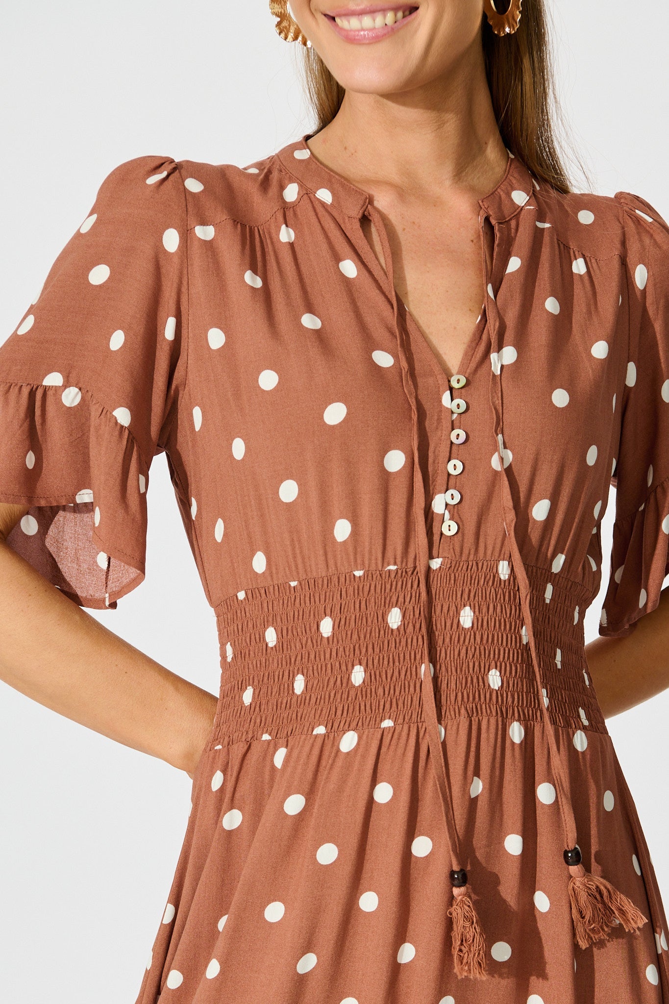 Noree Midi Dress in Brown with White Polka Dot