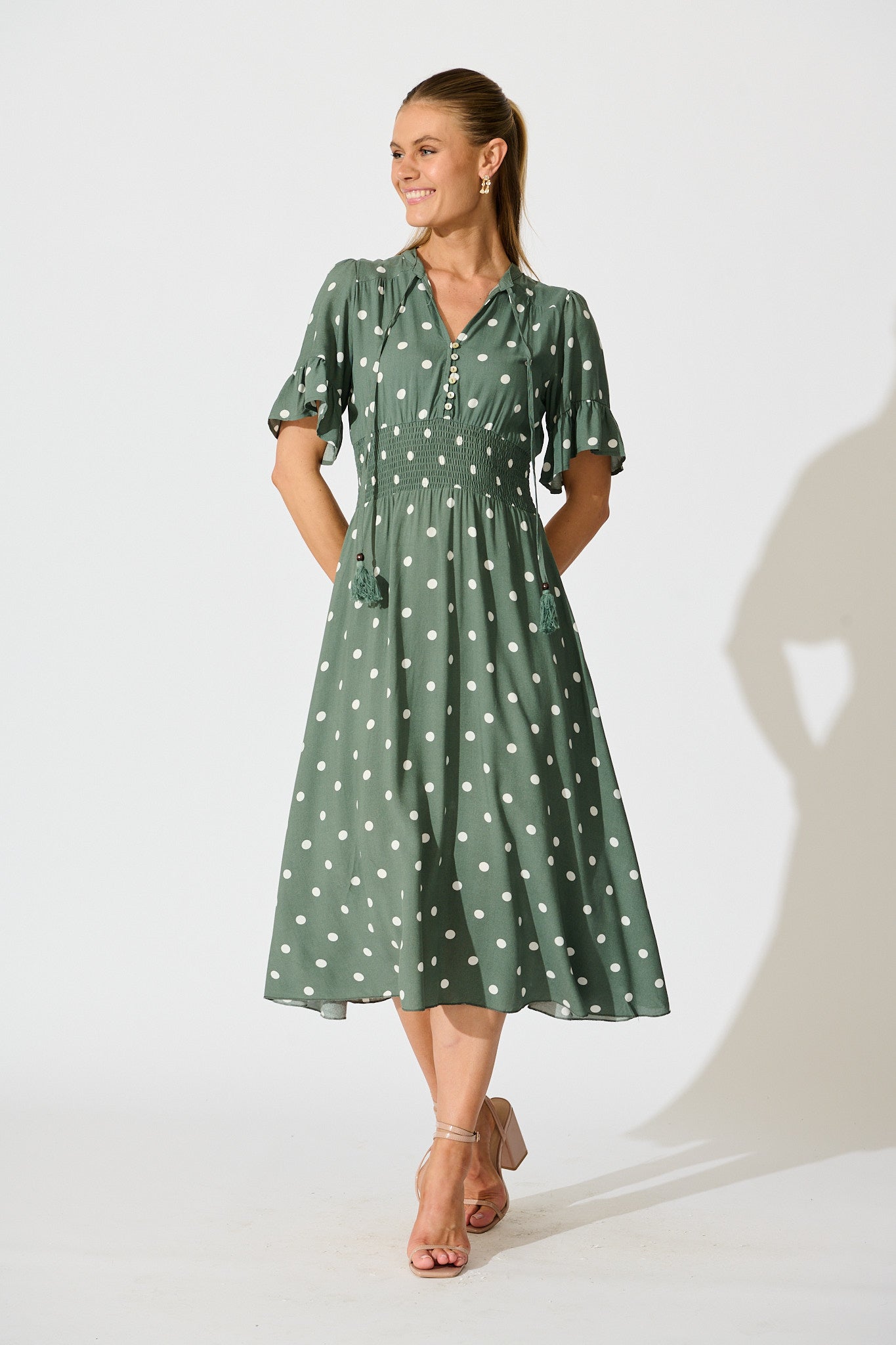 Noree Midi Dress in Khaki with White Polka Dot