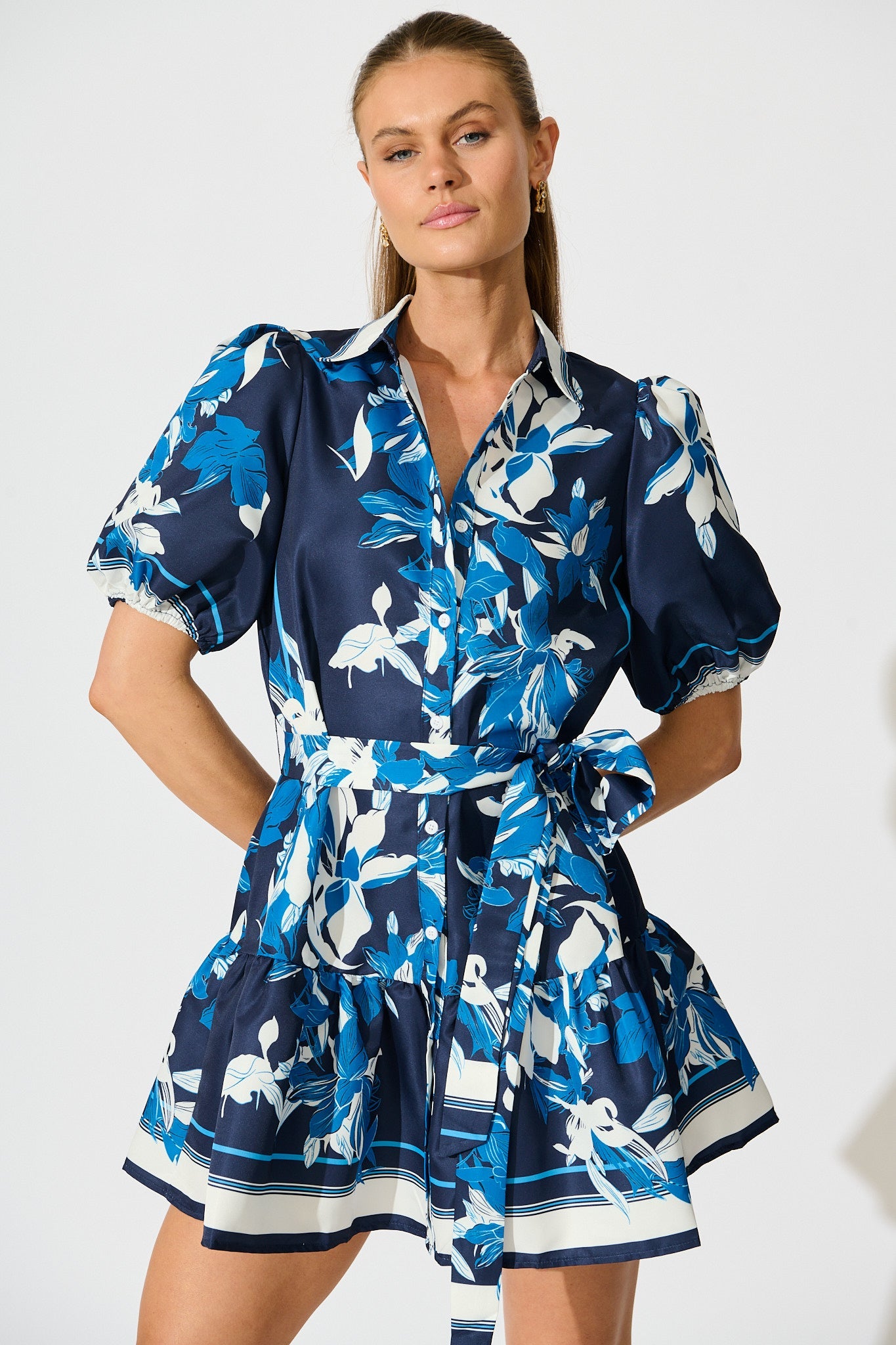 Fione Shirt Dress in Navy Floral Satin