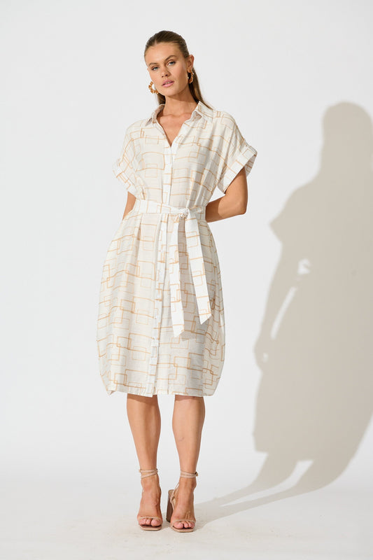 Hartlee Midi Shirt Dress in White Embroidery Linen Blend