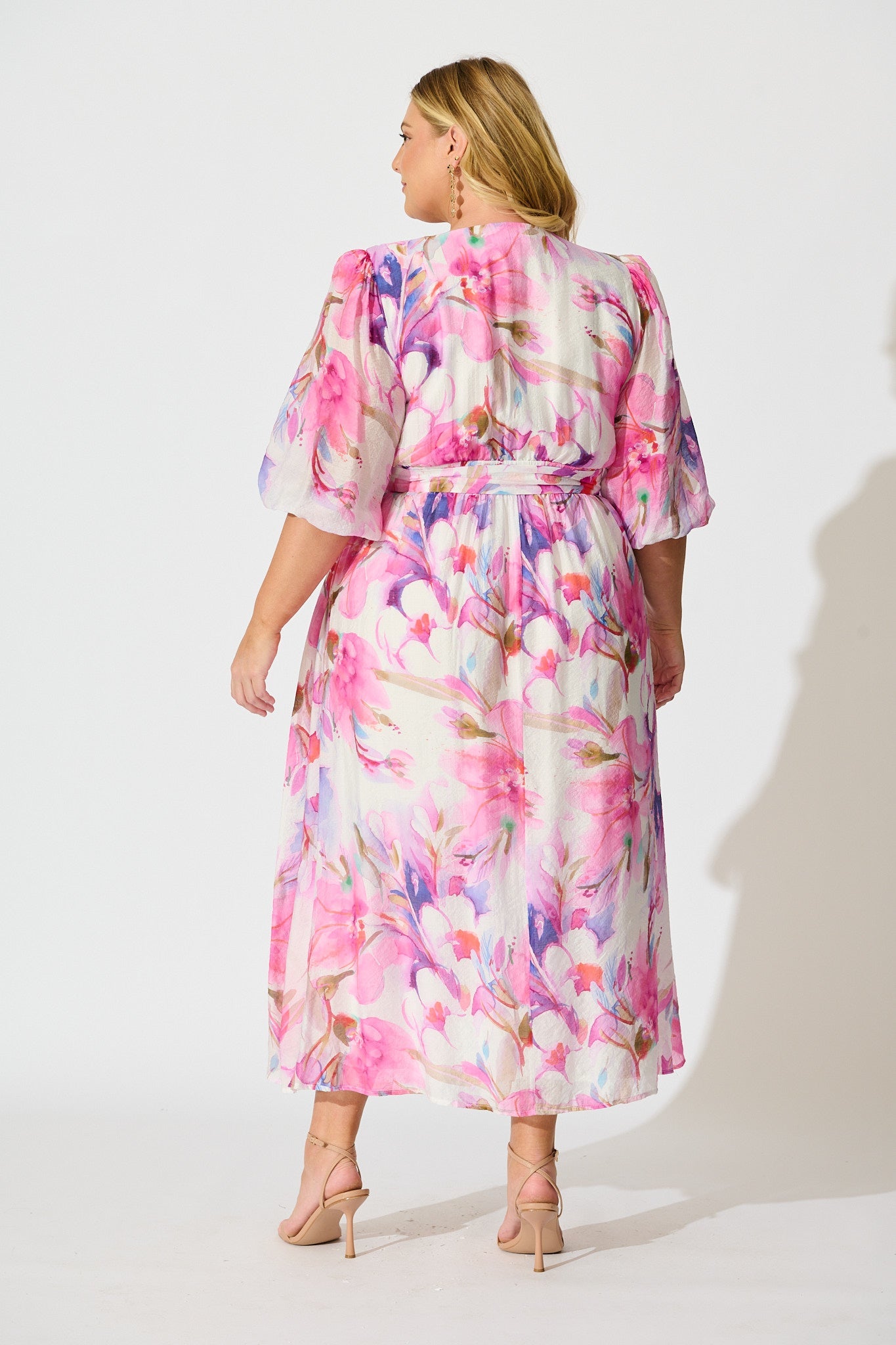 Adrina Maxi Dress in White with Pink Watercolour