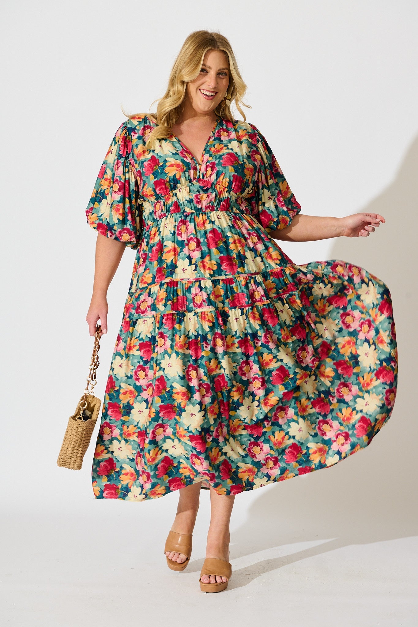 Amalie Midi Dress in Jade Floral Print