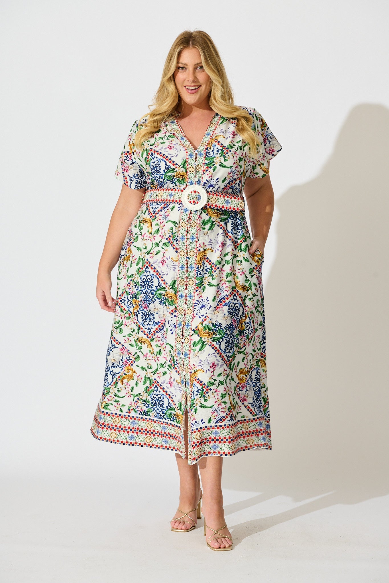 Portofino Bloom Midi Dress in White with Multi Print