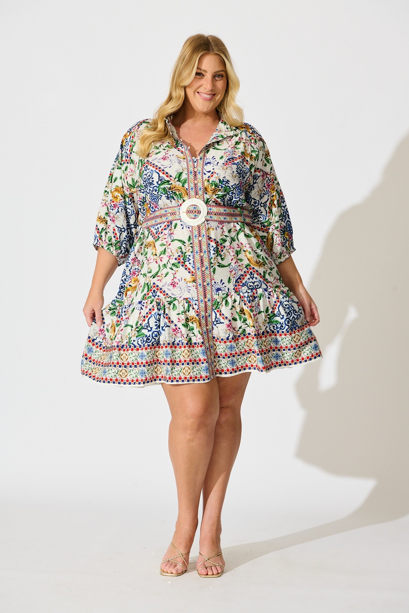 Sicilian Tile Dress in White with Multi Print