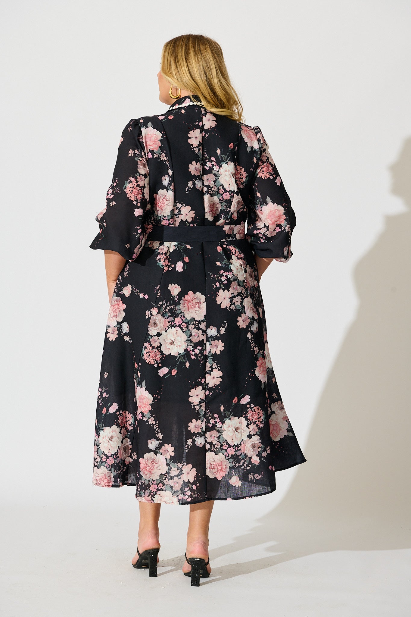Art Of Bloom Midi Shirt Dress in Black with Blush Floral Linen Blend