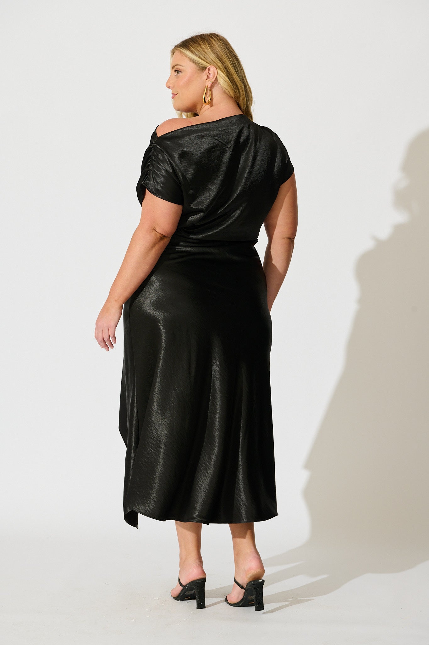 Satin Glow Off Shoulder Maxi Dress in Black Satin