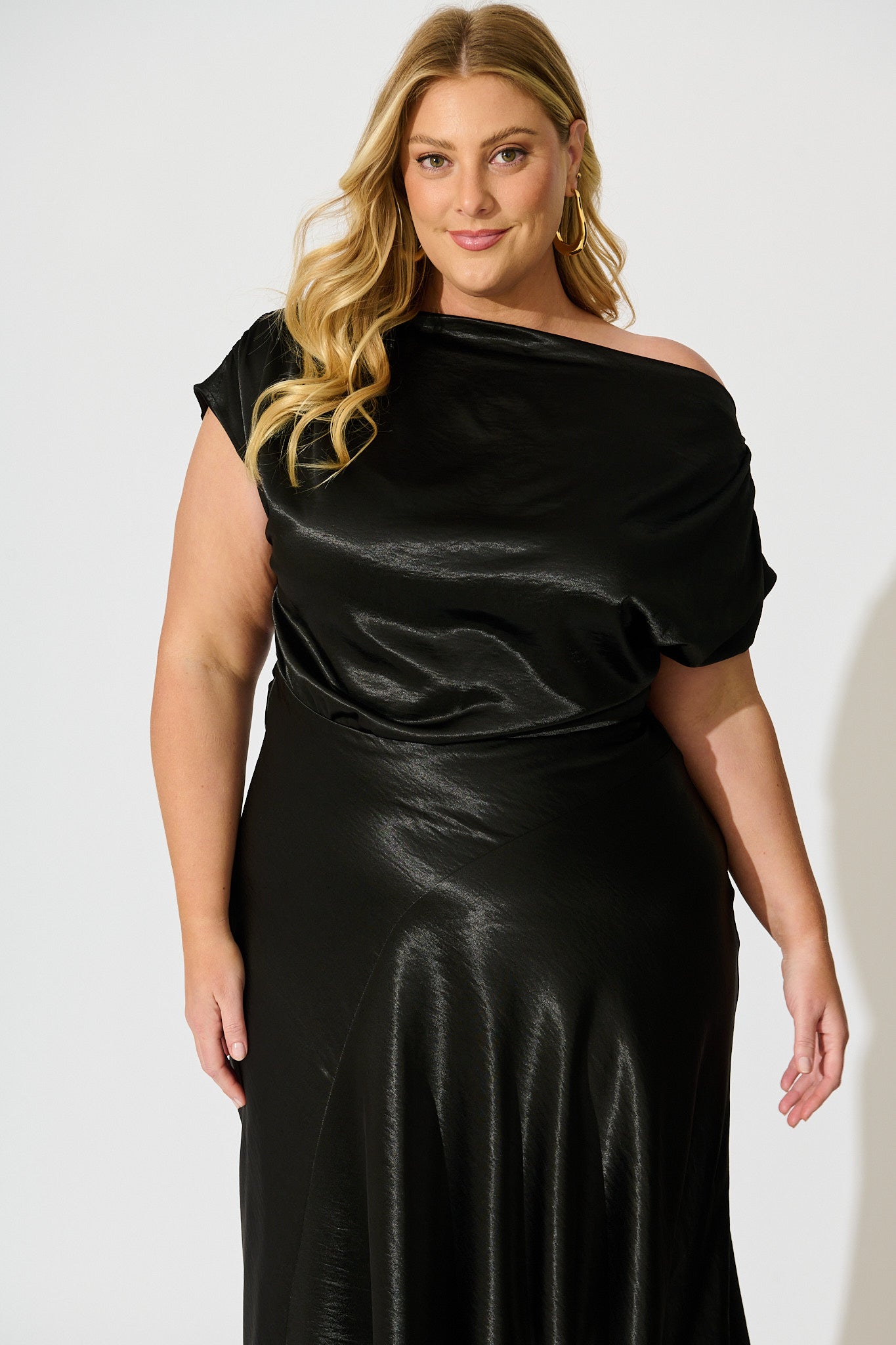 Satin Glow Off Shoulder Maxi Dress in Black Satin