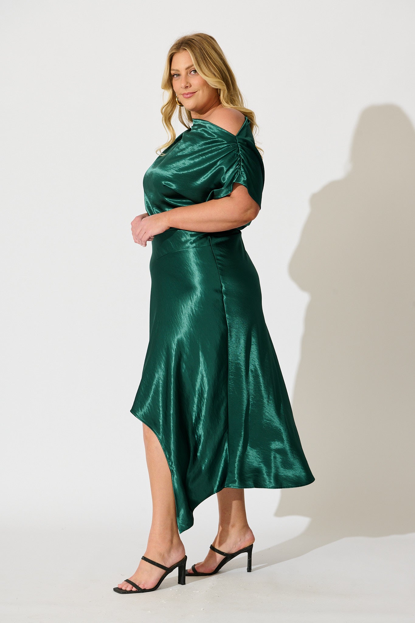 Satin Glow Off Shoulder Maxi Dress in Emerald Satin