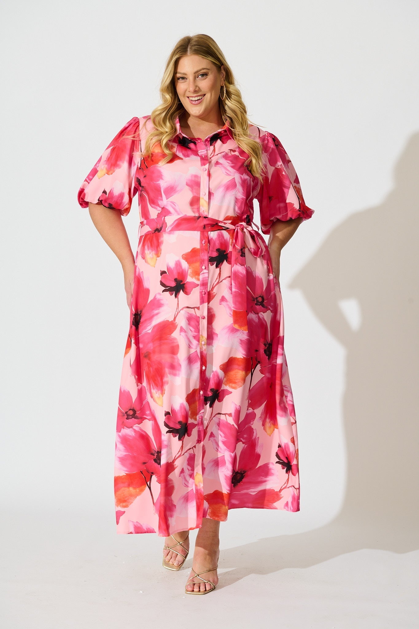 Gabriela Maxi Shirt Dress in Pink Floral Satin