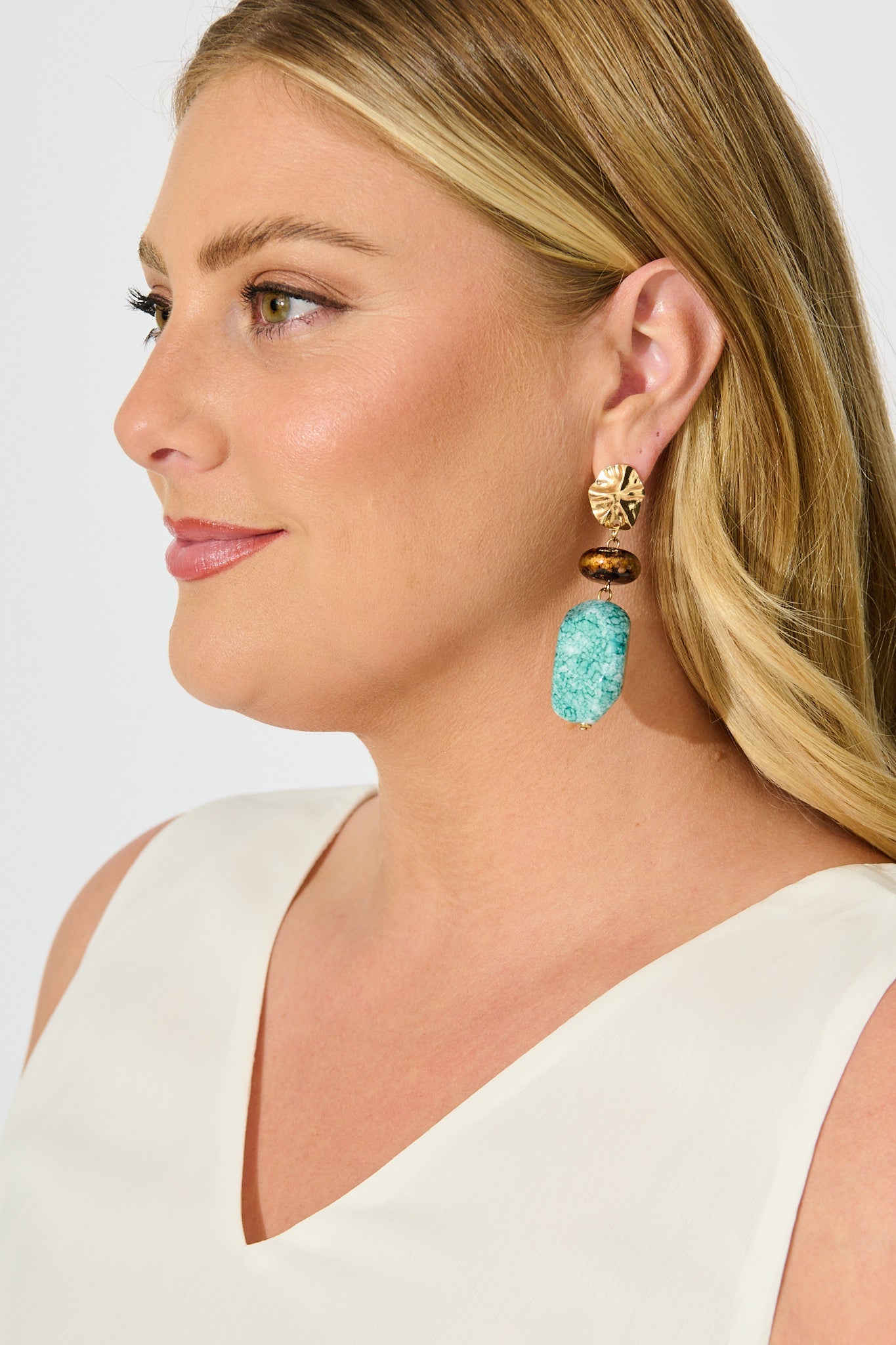 Lana Drop Earrings in Jade Stone with Gold Textured Detail