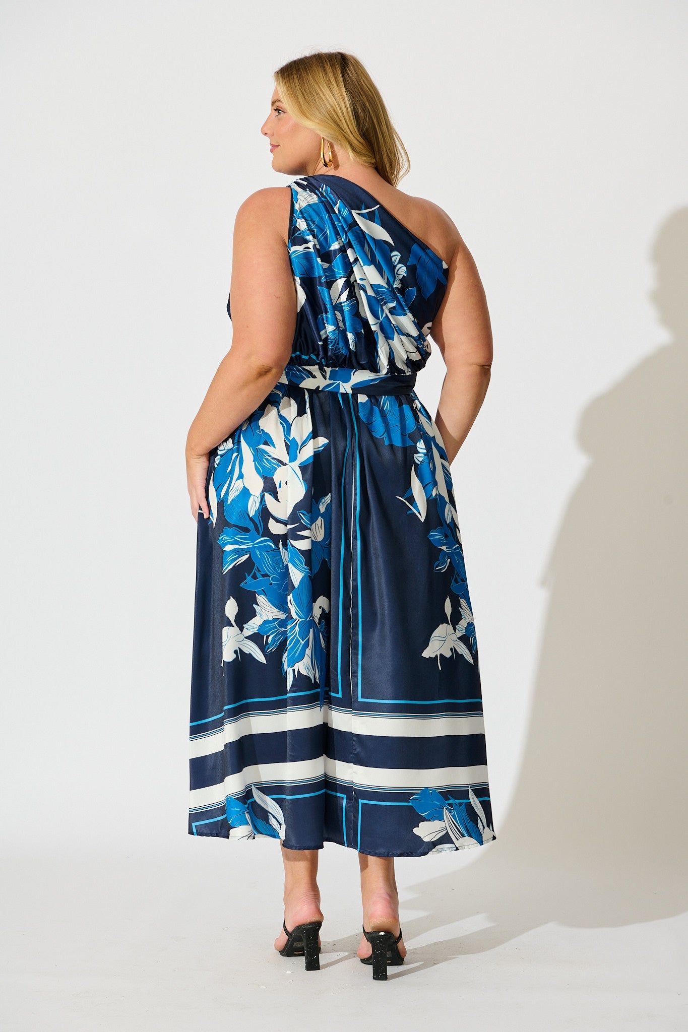 Bernadette One Shoulder Midi Dress in Navy with Floral Satin